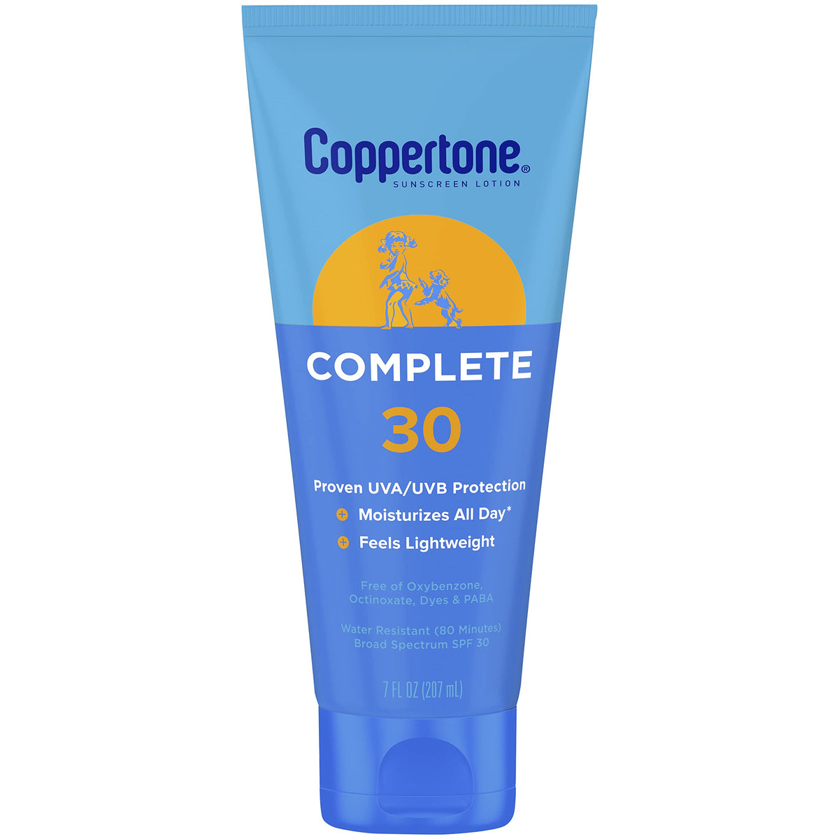Coppertone Complete SPF 30 sunscreen lotion bottle for face and body provides daily protection.
