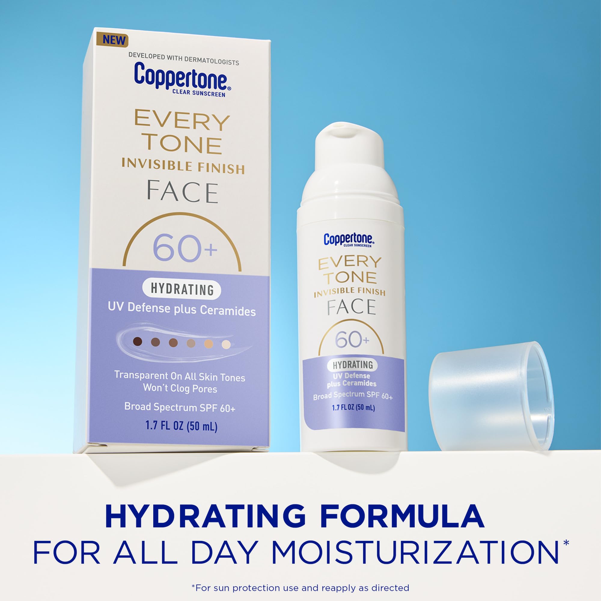 Coppertone Every Tone hydrating ceramides sunscreen pump bottle provides daily moisture