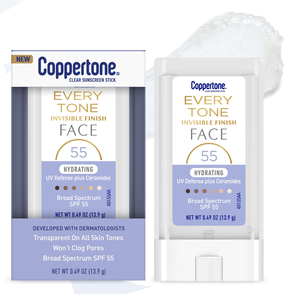Coppertone Every Tone invisible finish stick packaging shows portable sun protection for travel.
