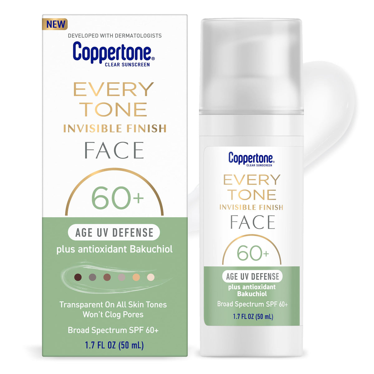 Coppertone Every Tone invisible finish bottle with pump blending into all skin tones
