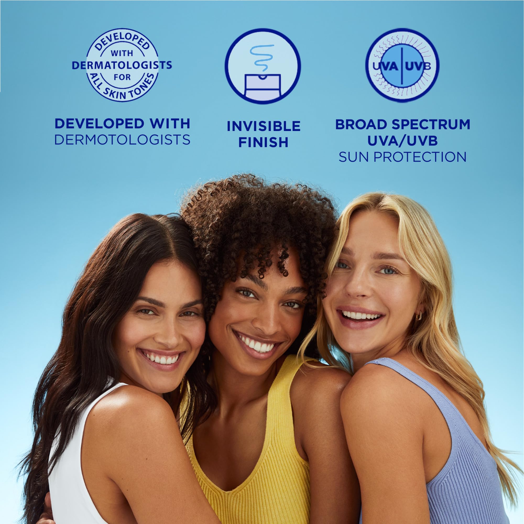 Coppertone Every Tone makeup-friendly invisible finish shows layering under makeup.
