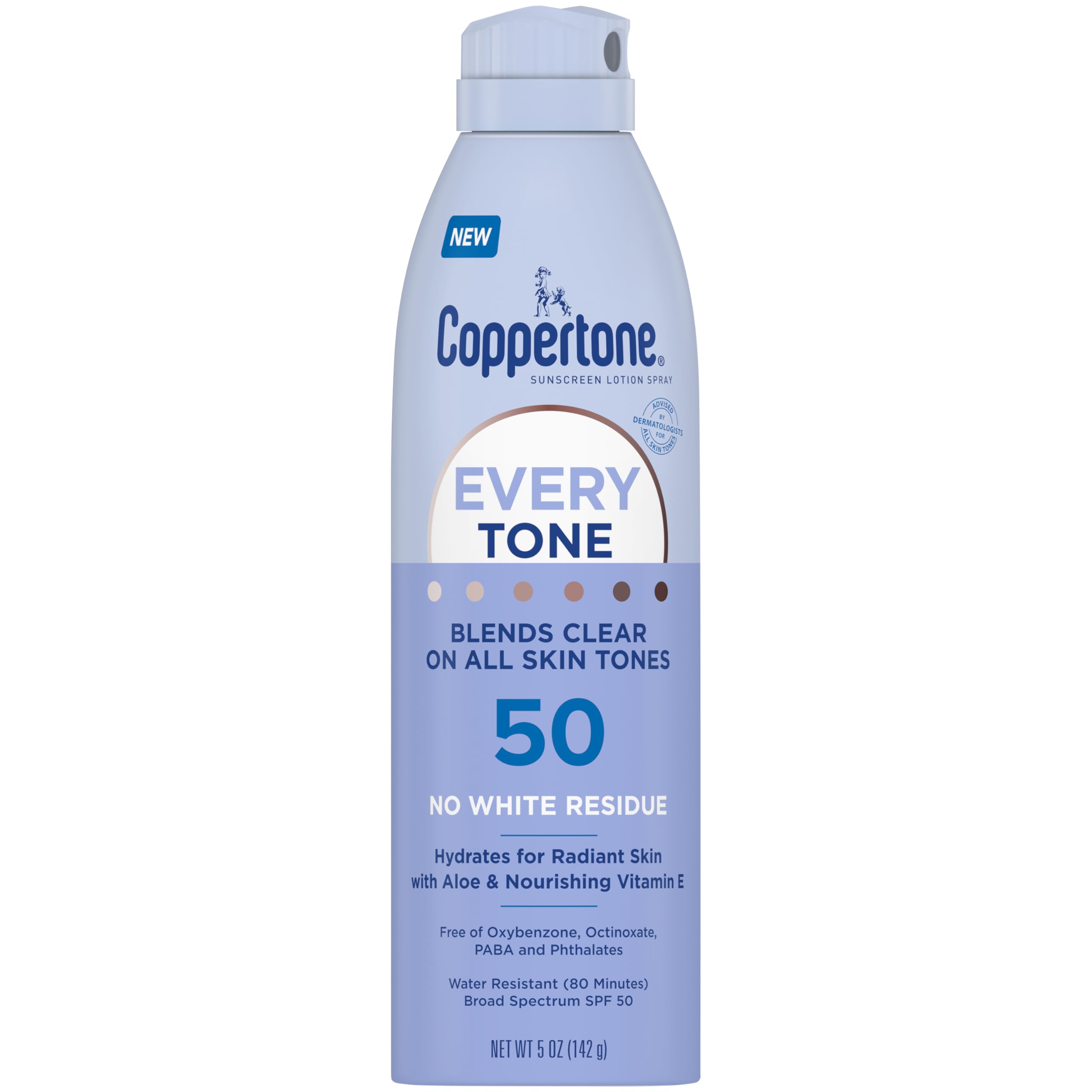 Coppertone Every Tone sunscreen spray bottle ready for on-the-go protection.