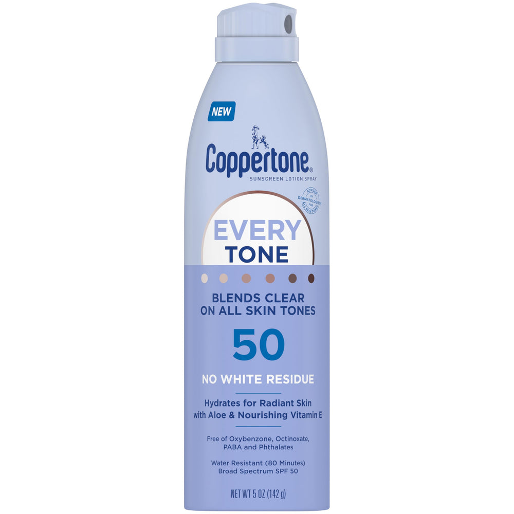 Coppertone Every Tone sunscreen spray bottle ready for on-the-go protection.