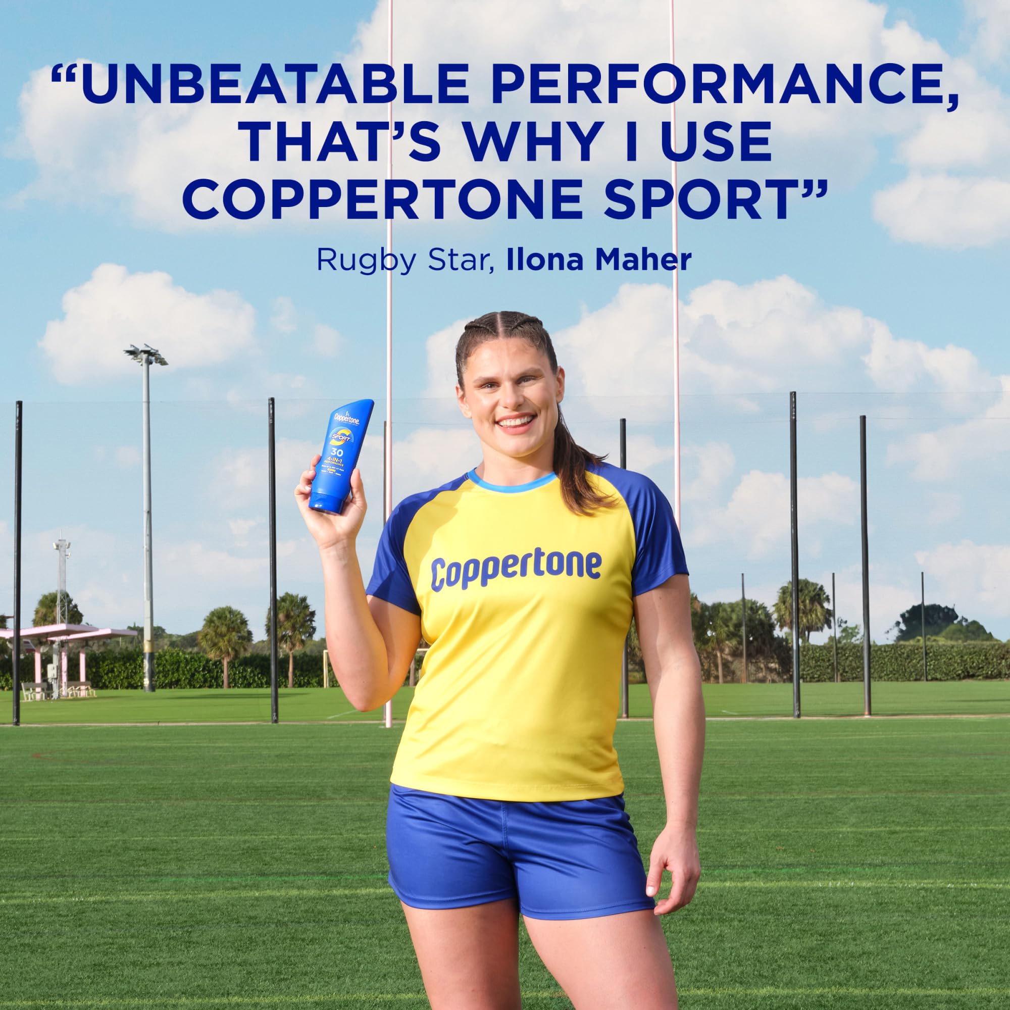 Close-up of Coppertone Sport SPF 30 label highlighting broad spectrum protection.