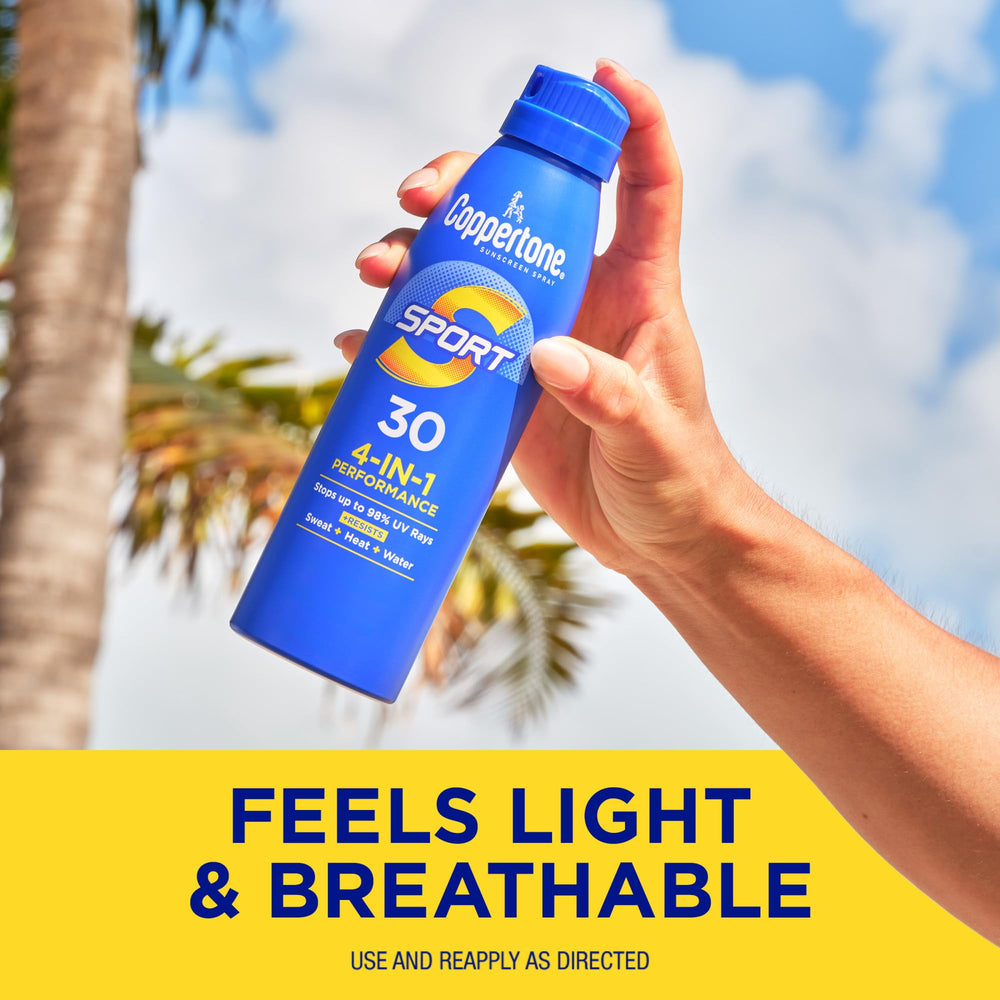 Coppertone Sport Spray 80-minute water resistance for active days.