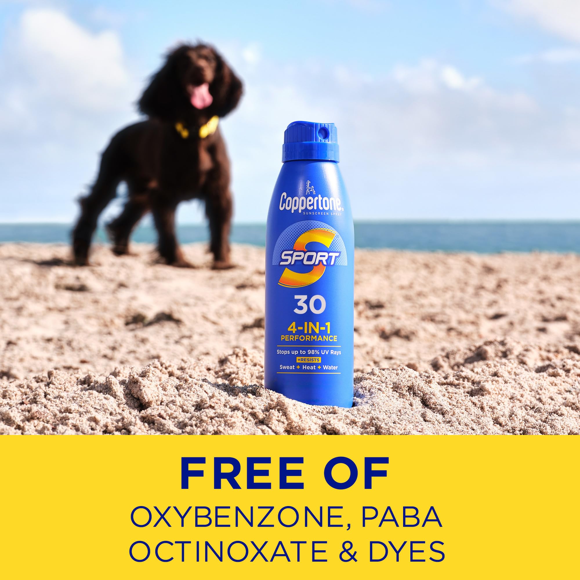 Coppertone Sport Spray continuous-sprayer enables angle-free reapplication.