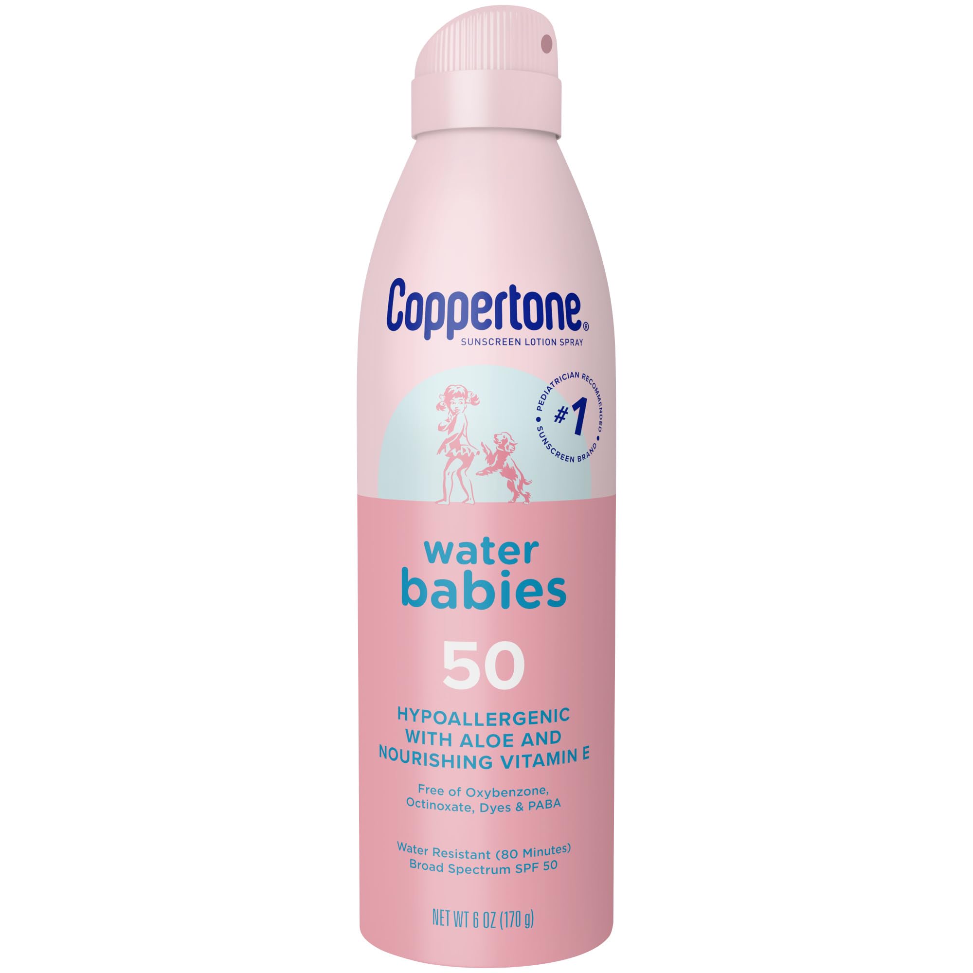 Coppertone WaterBabies SPF 50 spray shows visible coverage for easy protection