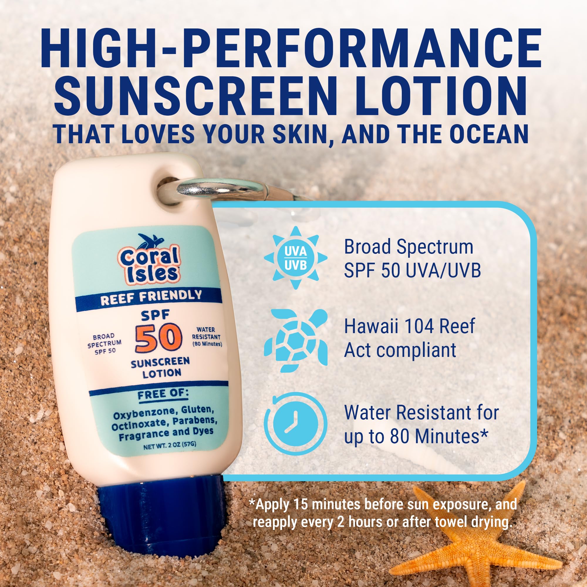 Coral Isles Hawaii sunscreen bottle with carabiner clip for easy packing