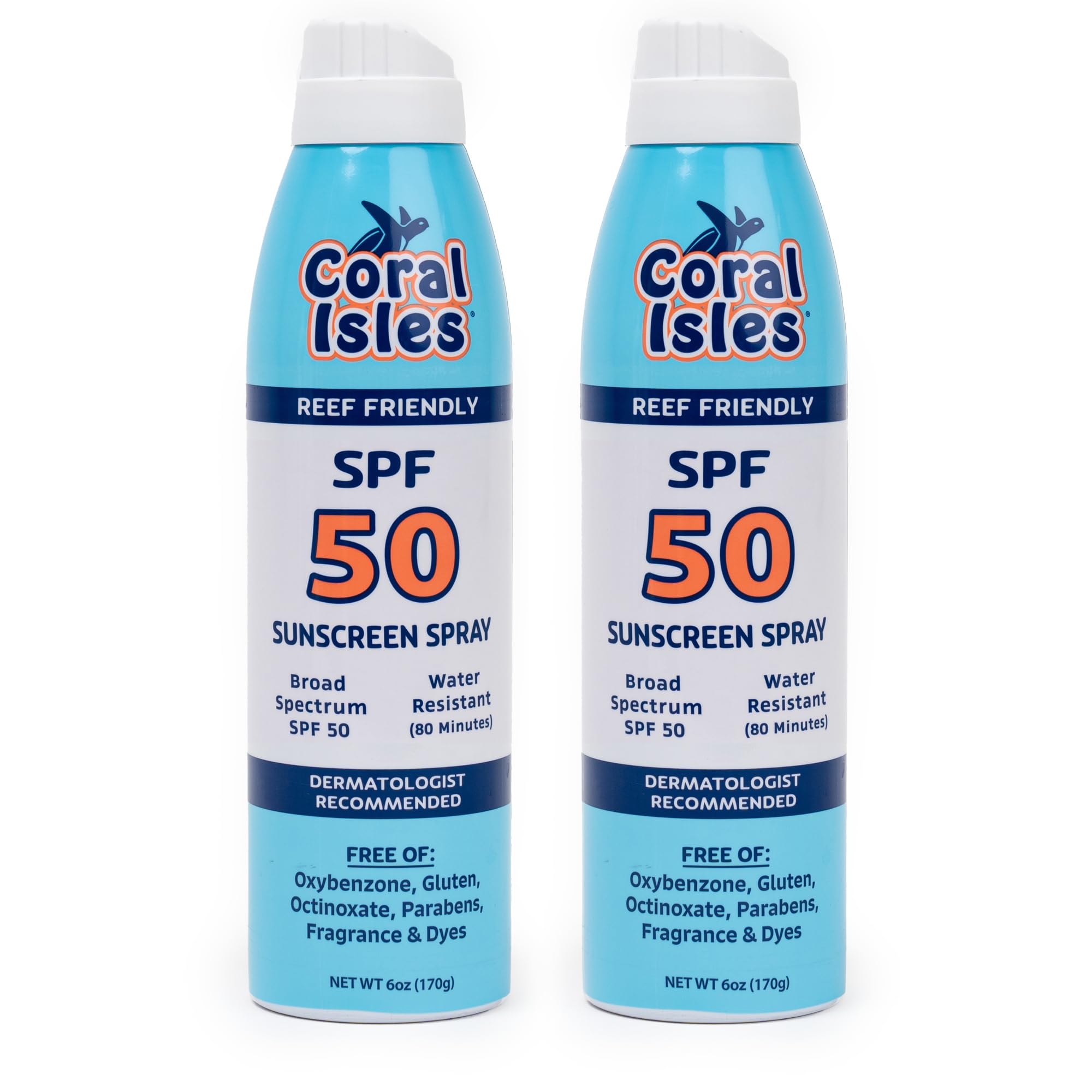 Coral Isles SPF 50 spray bottle close-up showing easy, broad-spectrum protection for outdoor days.