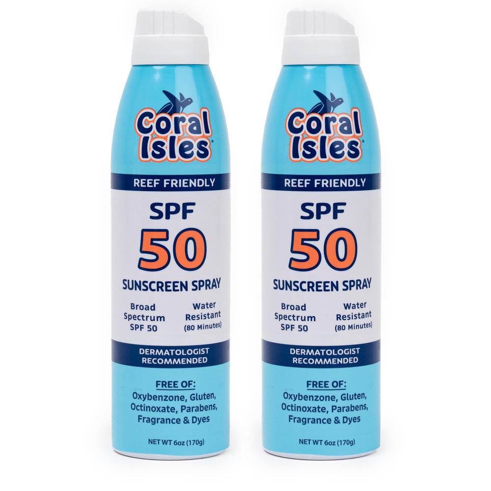 Coral Isles SPF 50 spray bottle close-up showing easy, broad-spectrum protection for outdoor days.