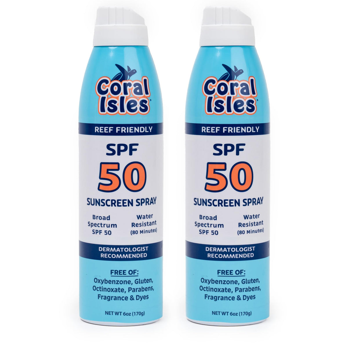 Coral Isles SPF 50 spray bottle close-up showing easy, broad-spectrum protection for outdoor days.