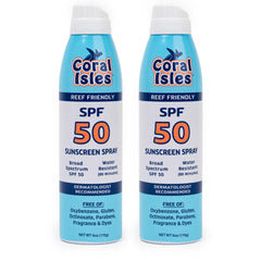 Coral Isles SPF 50 spray bottle close-up showing easy, broad-spectrum protection for outdoor days.