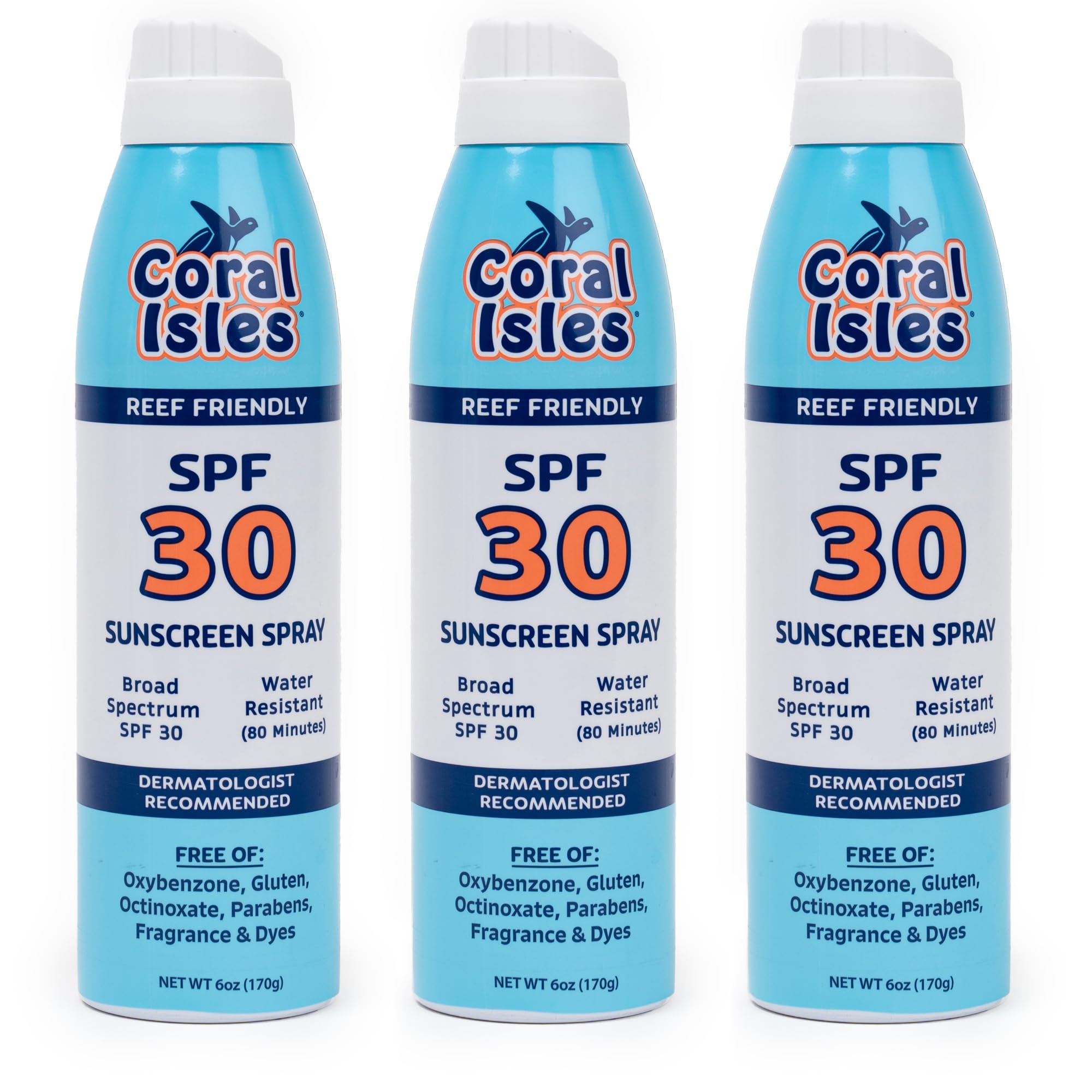Coral Isles SPF 30 spray bottle front view for quick protection outdoors.