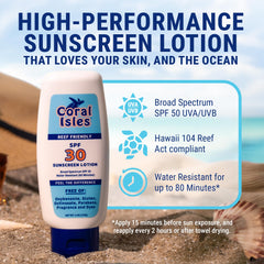 Coral Isles sunscreen packaging, reef-safe formula clearly labeled for island use