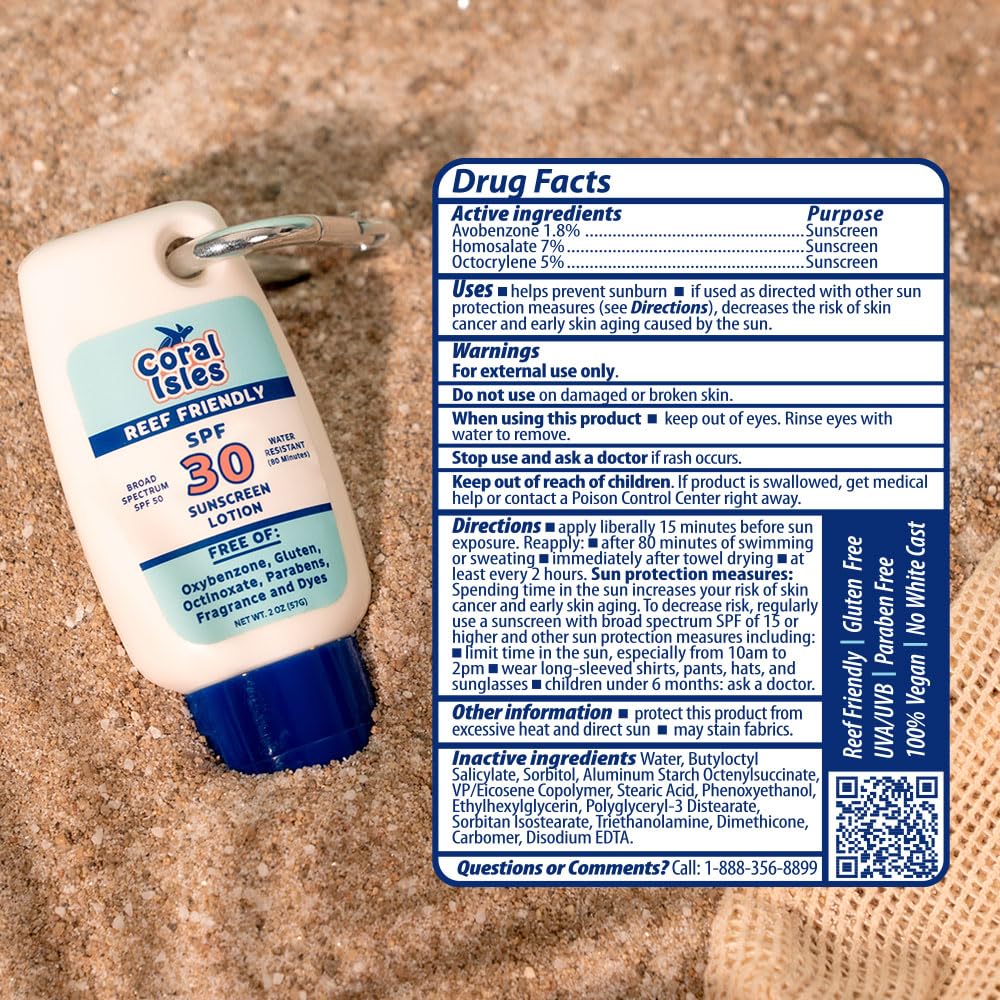 Coral Isles Sunscreen SPF 30 reef-safe label with 104 REEF ACT.