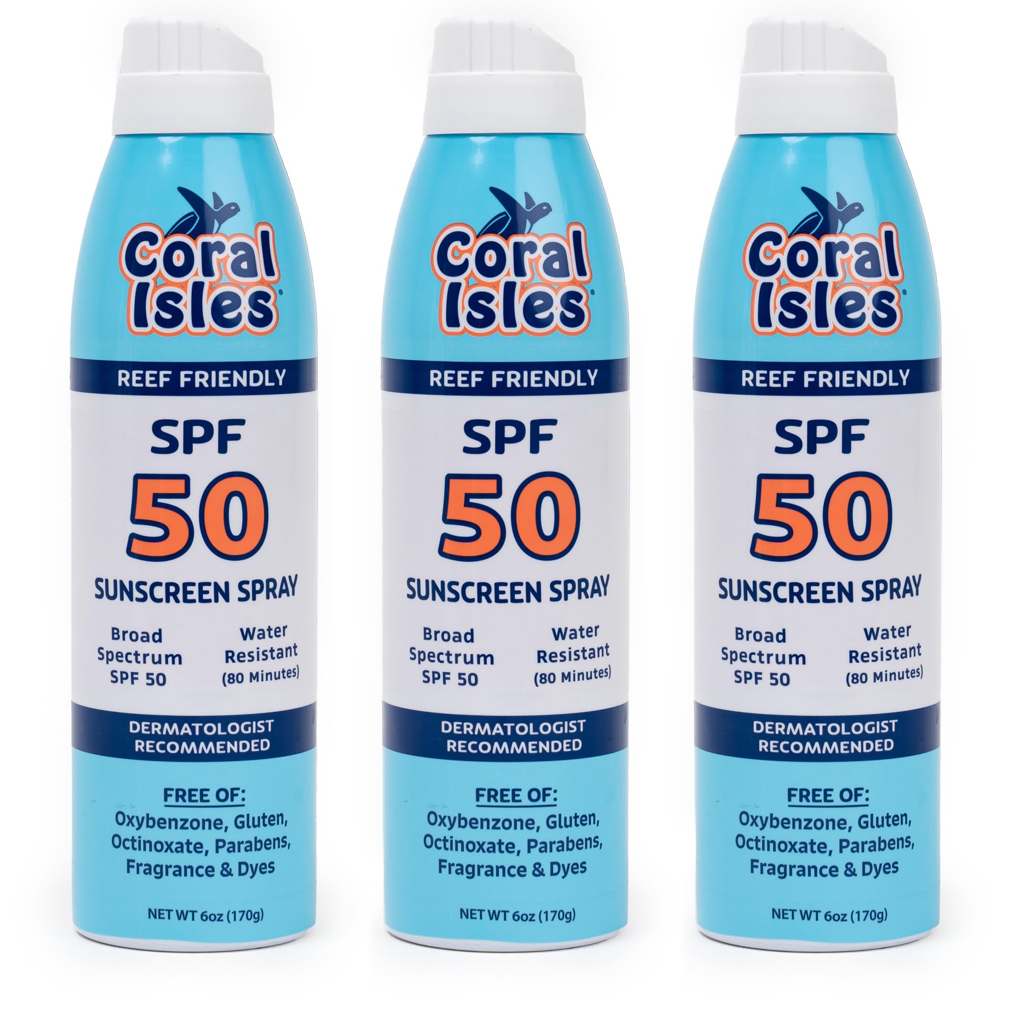 Coral Isles Sunscreen Spray bottle front view showing easy application and protection.