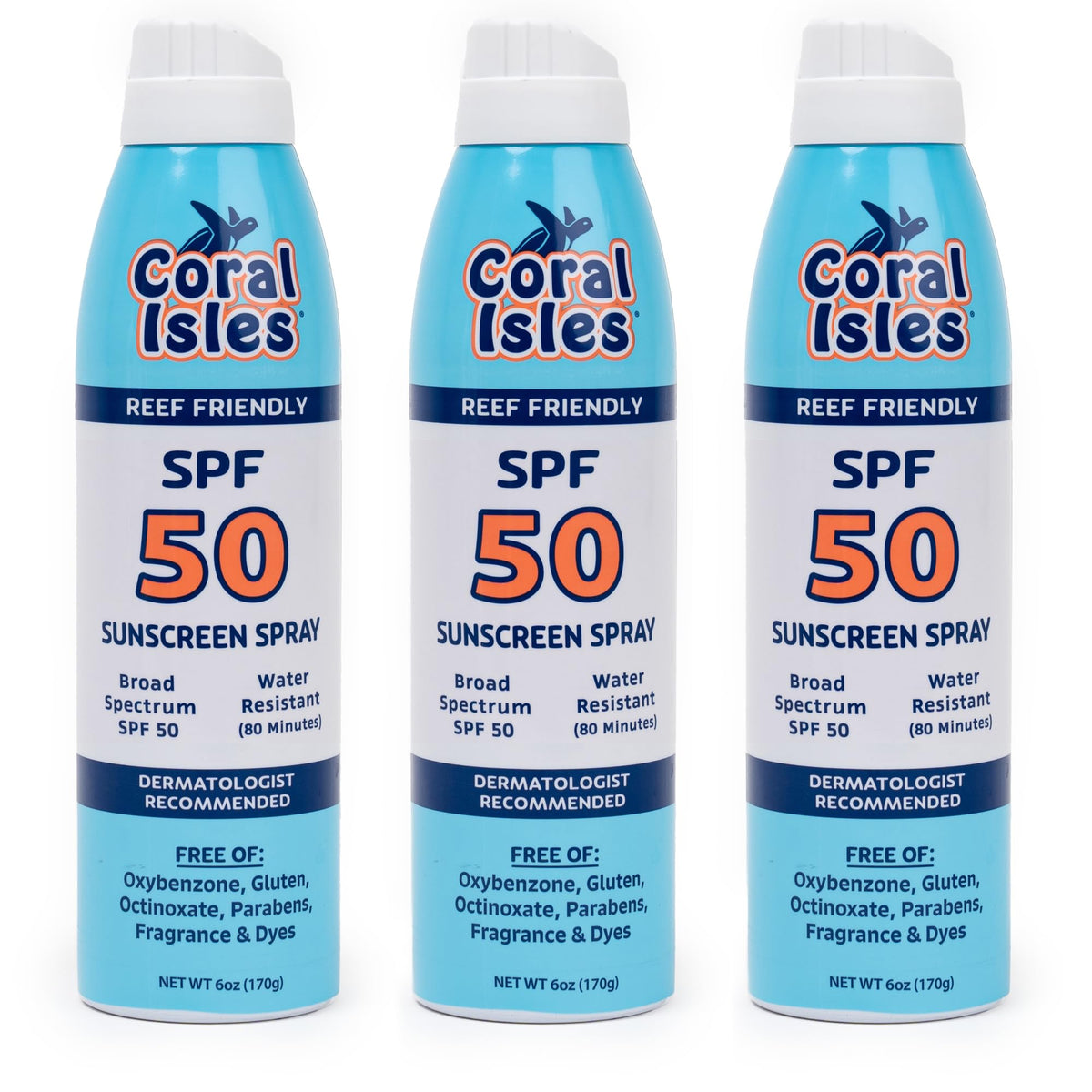 Coral Isles Sunscreen Spray bottle front view showing easy application and protection.