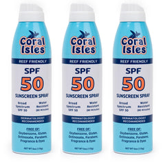 Coral Isles Sunscreen Spray bottle front view showing easy application and protection.