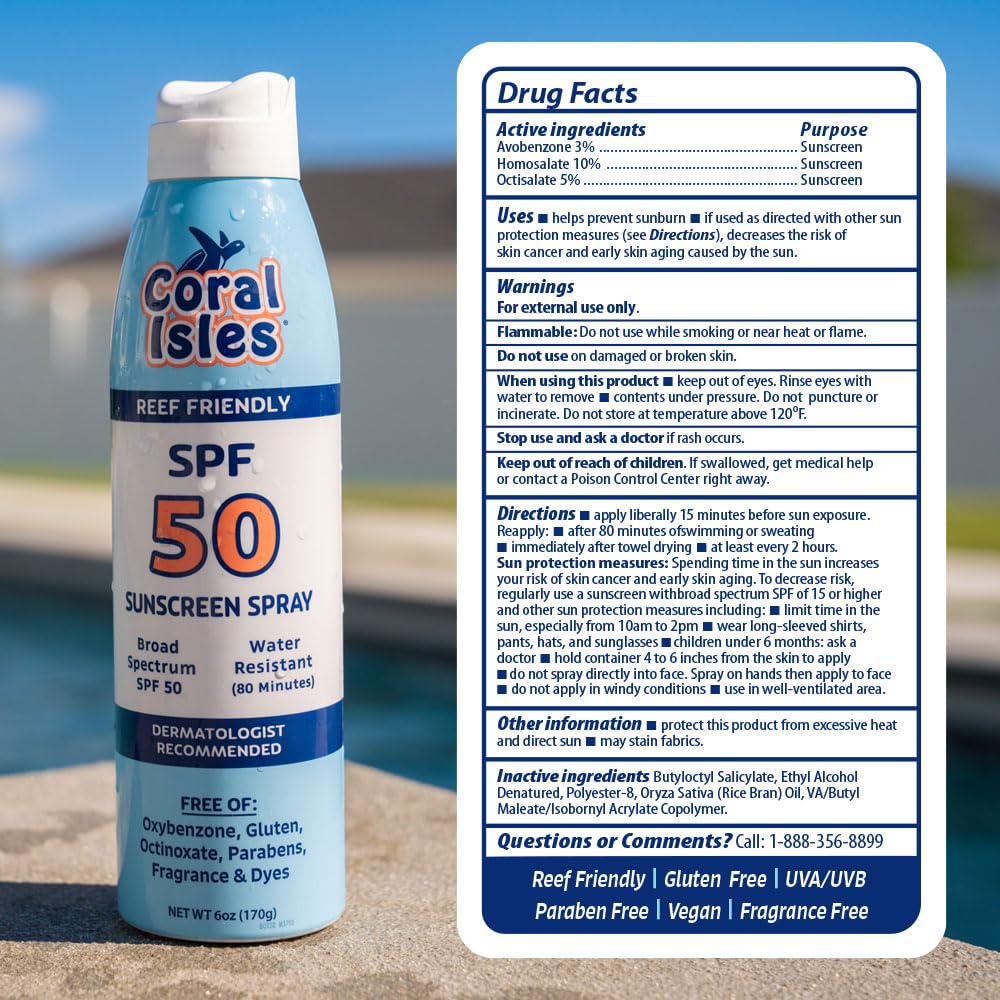 Coral Isles Sunscreen Spray ingredients label notes fragrance-free and SPF details.