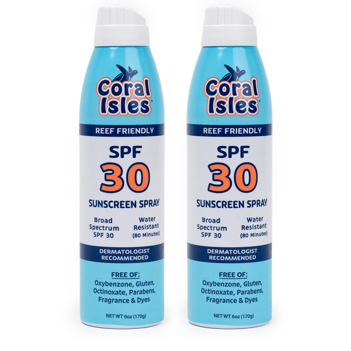 Coral Isles SPF 30 spray bottles side view showing quick coverage for outdoor use