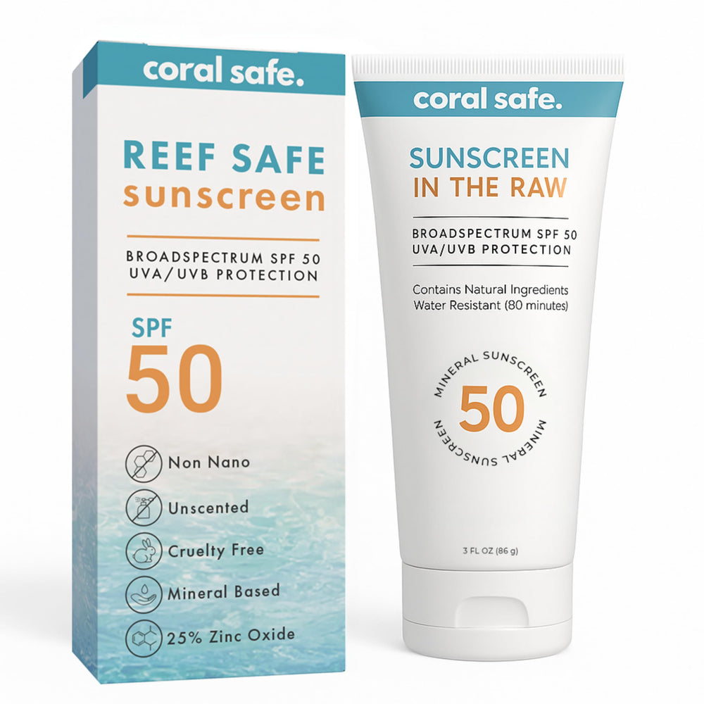 Coral Safe mineral sunscreen bottle ready for travel and sun protection.