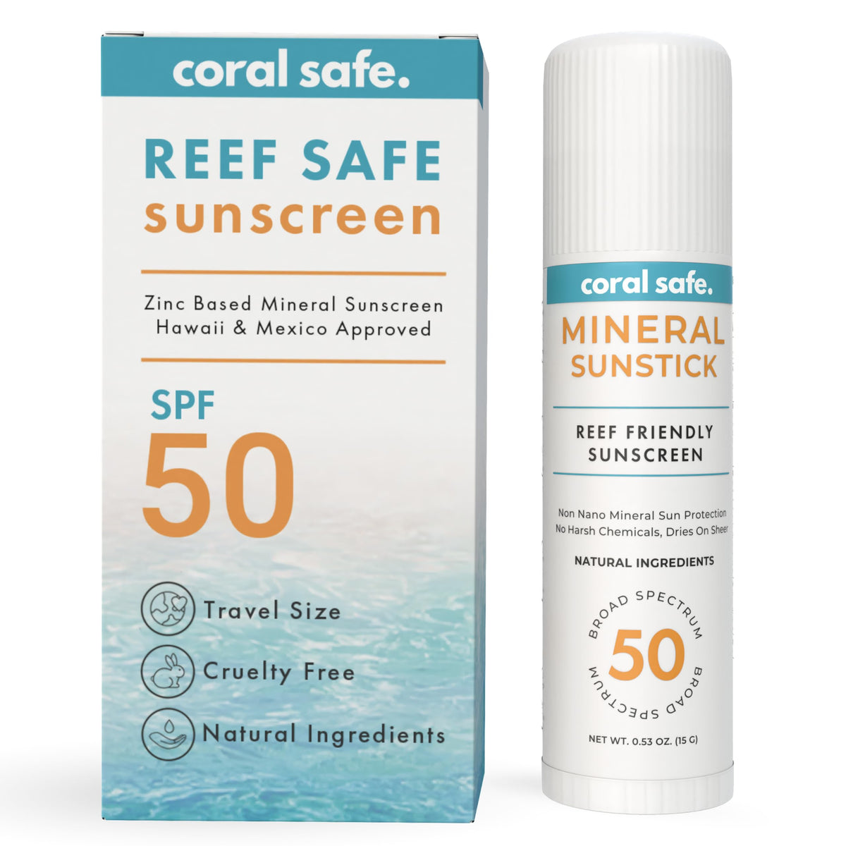 Coral Safe reef-safe sunscreen facestick for quick beach day application.