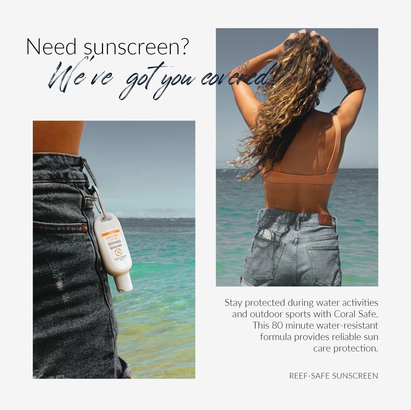 Coral Safe Reef Safe Sunscreen water resistance icon on packaging