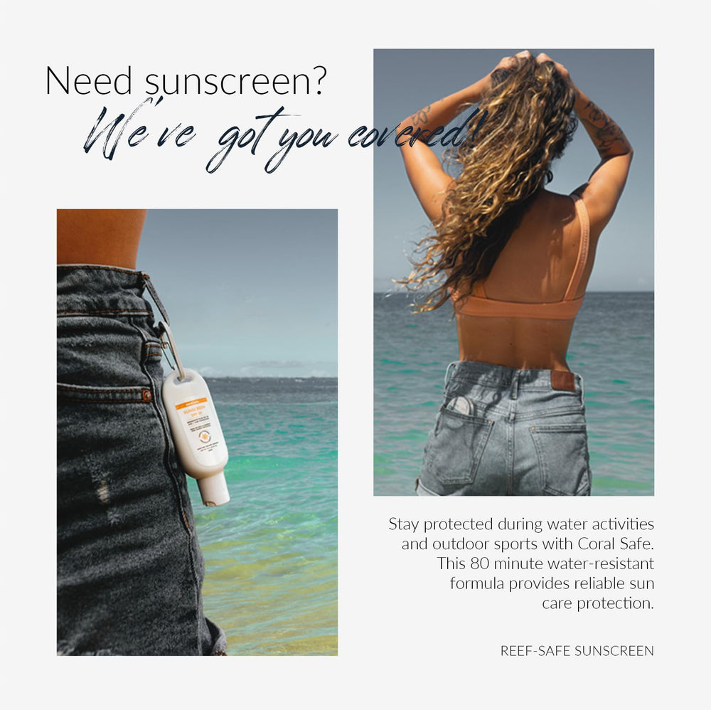 Coral Safe Reef Safe Sunscreen water resistance icon on packaging