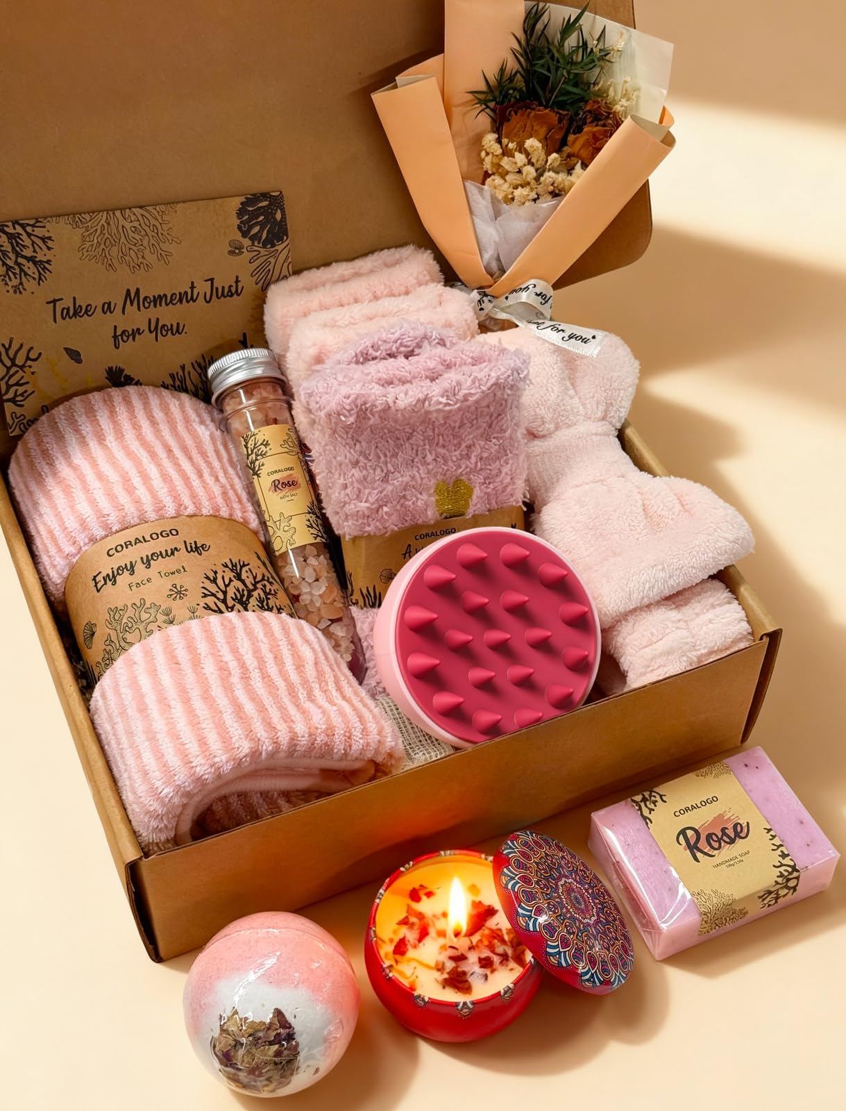 Coralogo Rose Spa Basket with bath bombs for a fragrant home spa experience.