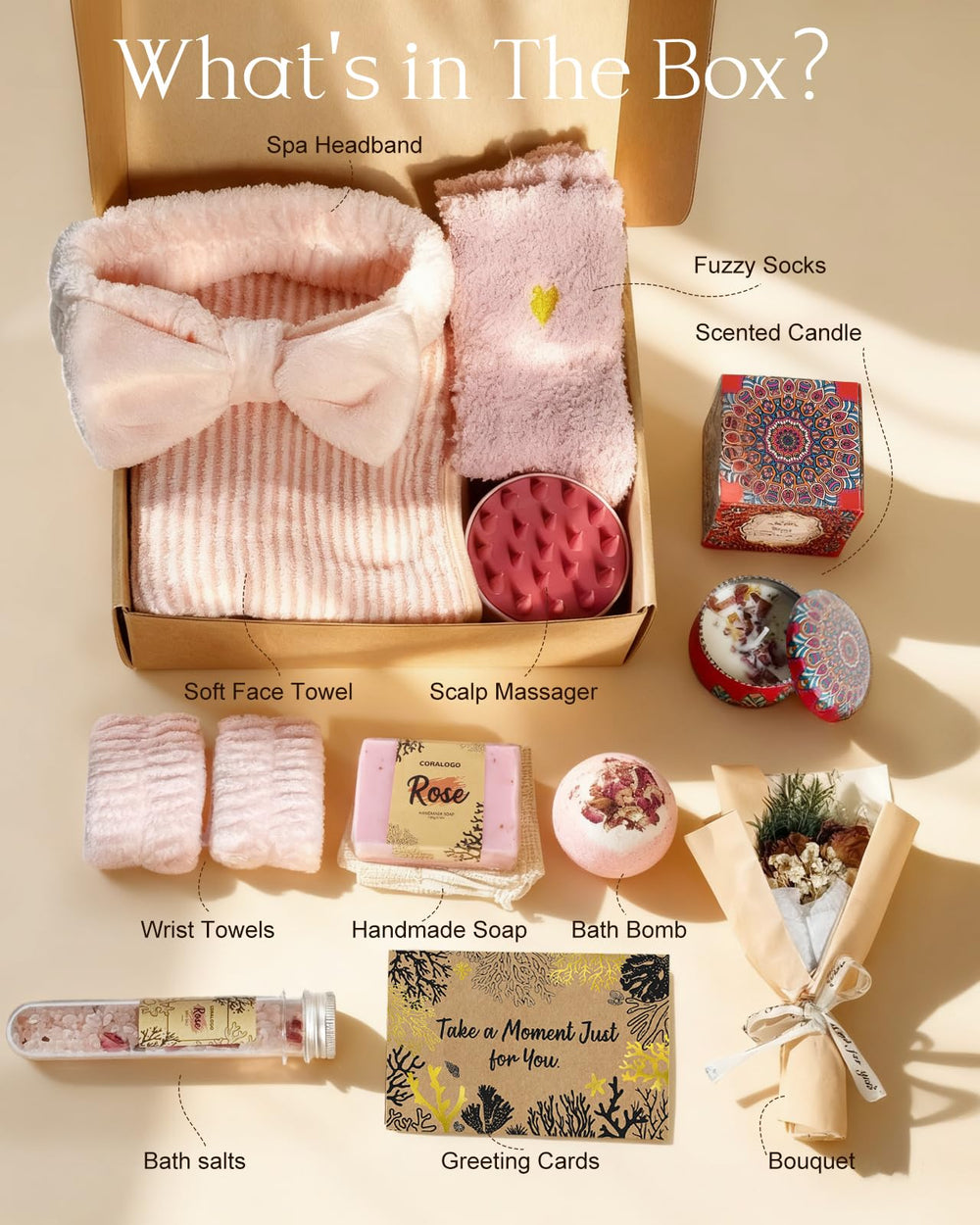 Coralogo Rose Spa Basket showing soothing bath salts for peaceful relaxation.