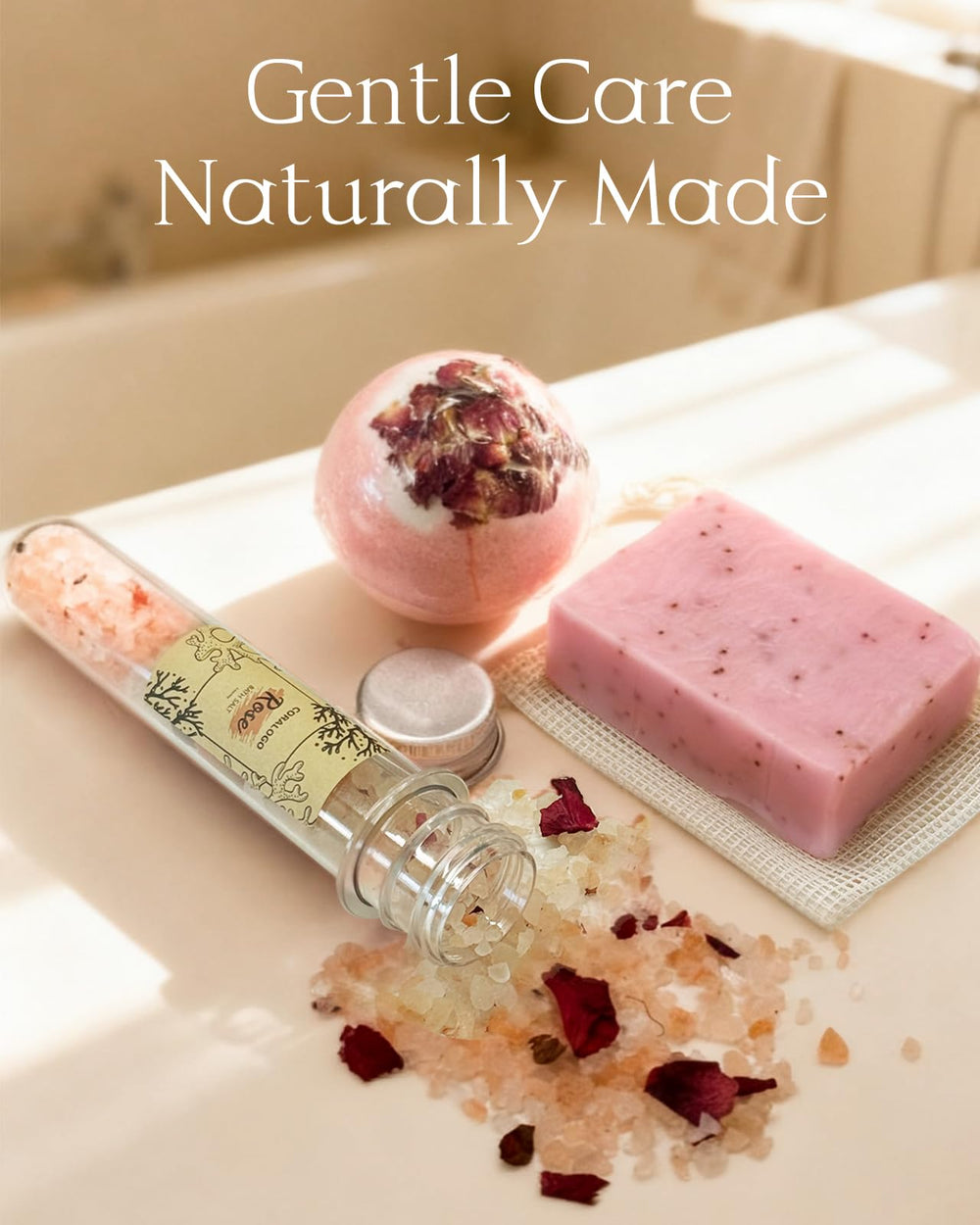 Coralogo Rose Spa Basket featuring a handheld scalp massager for stress relief.