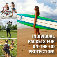 CoreTex Sun X 50 SPF packets at beach setup for easy on-the-go protection