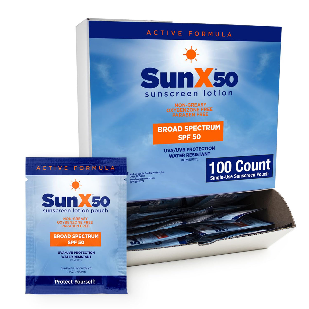 CoreTex Sun X 50 SPF packets packaging showing travel-friendly reef-safe sunscreen