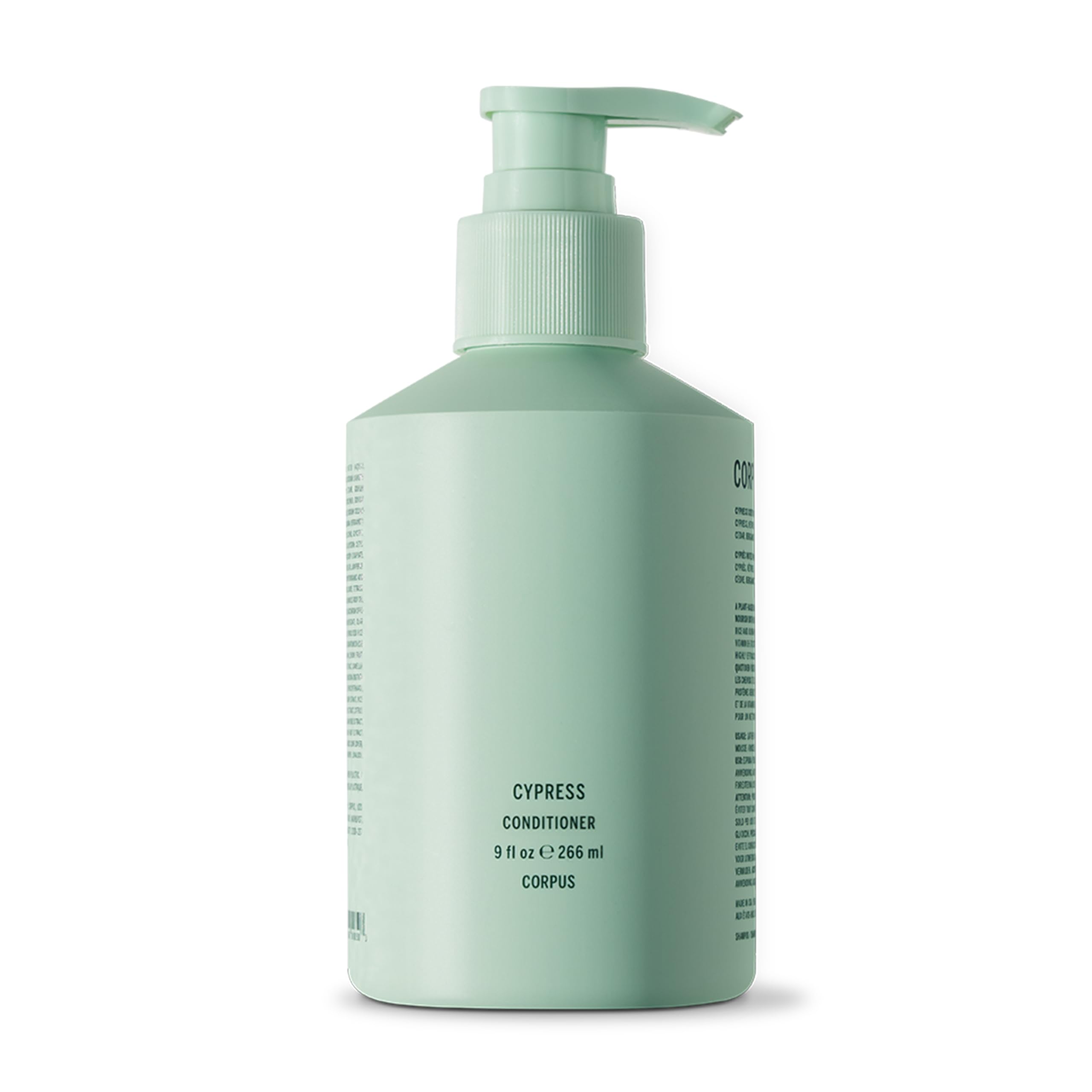 Corpus Cypress Conditioner bottle showing a silicone-free, plant-based formula for all hair types.