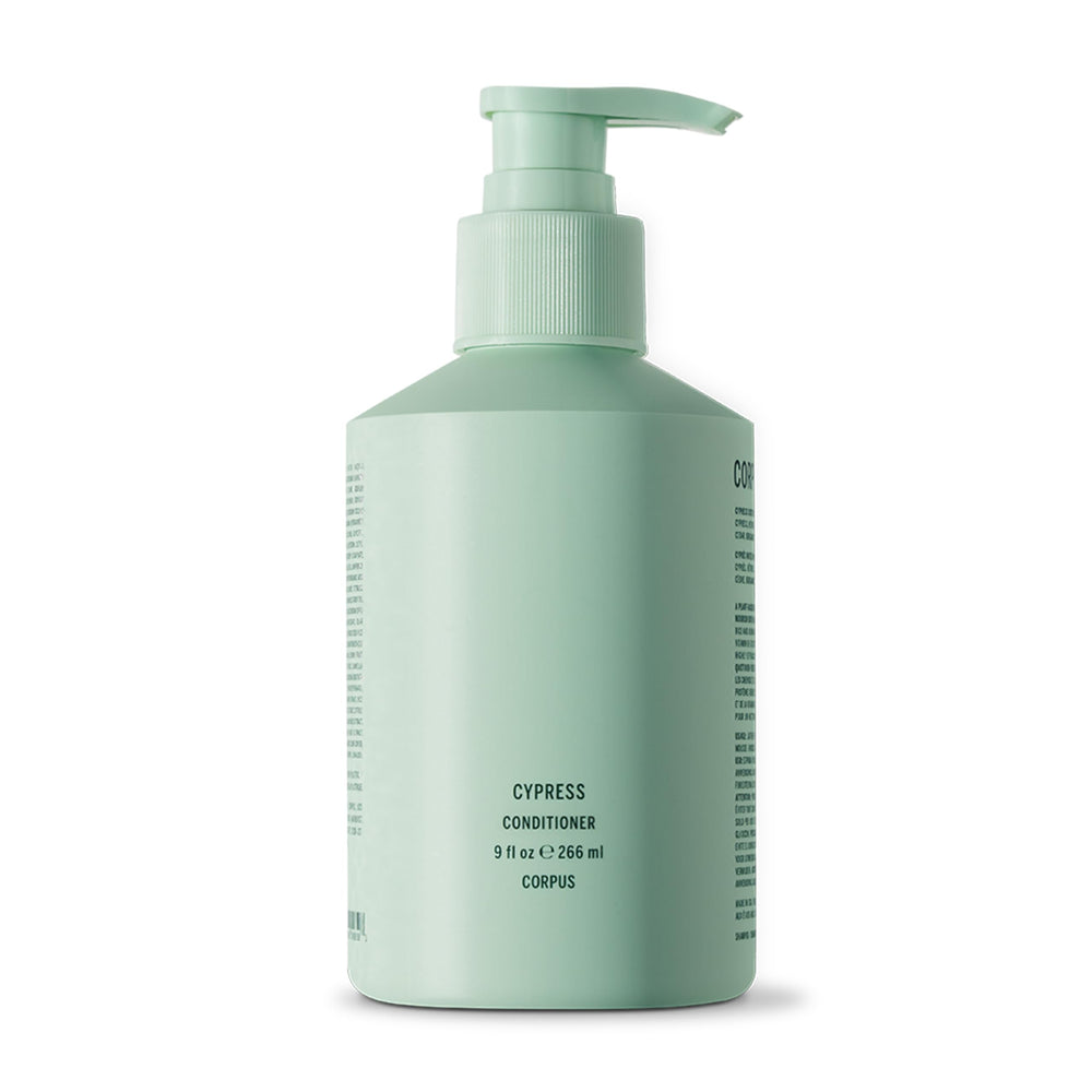 Corpus Cypress Conditioner bottle showing a silicone-free, plant-based formula for all hair types.