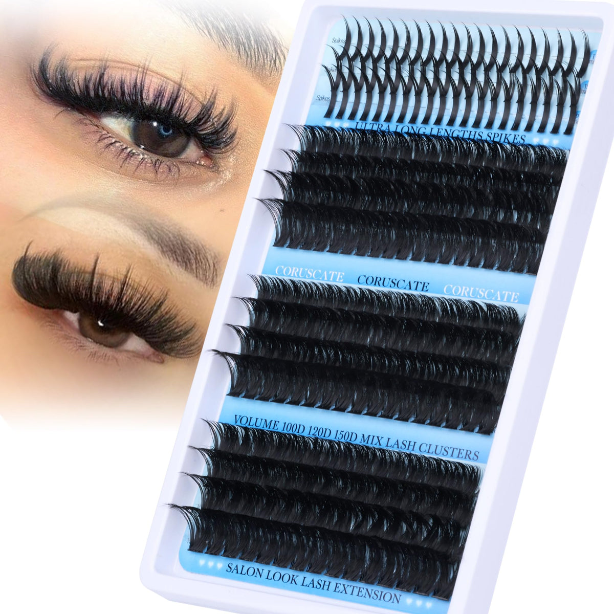 CORUSCATE lash clusters 100D with spikes for bold volume and dramatic eyes.