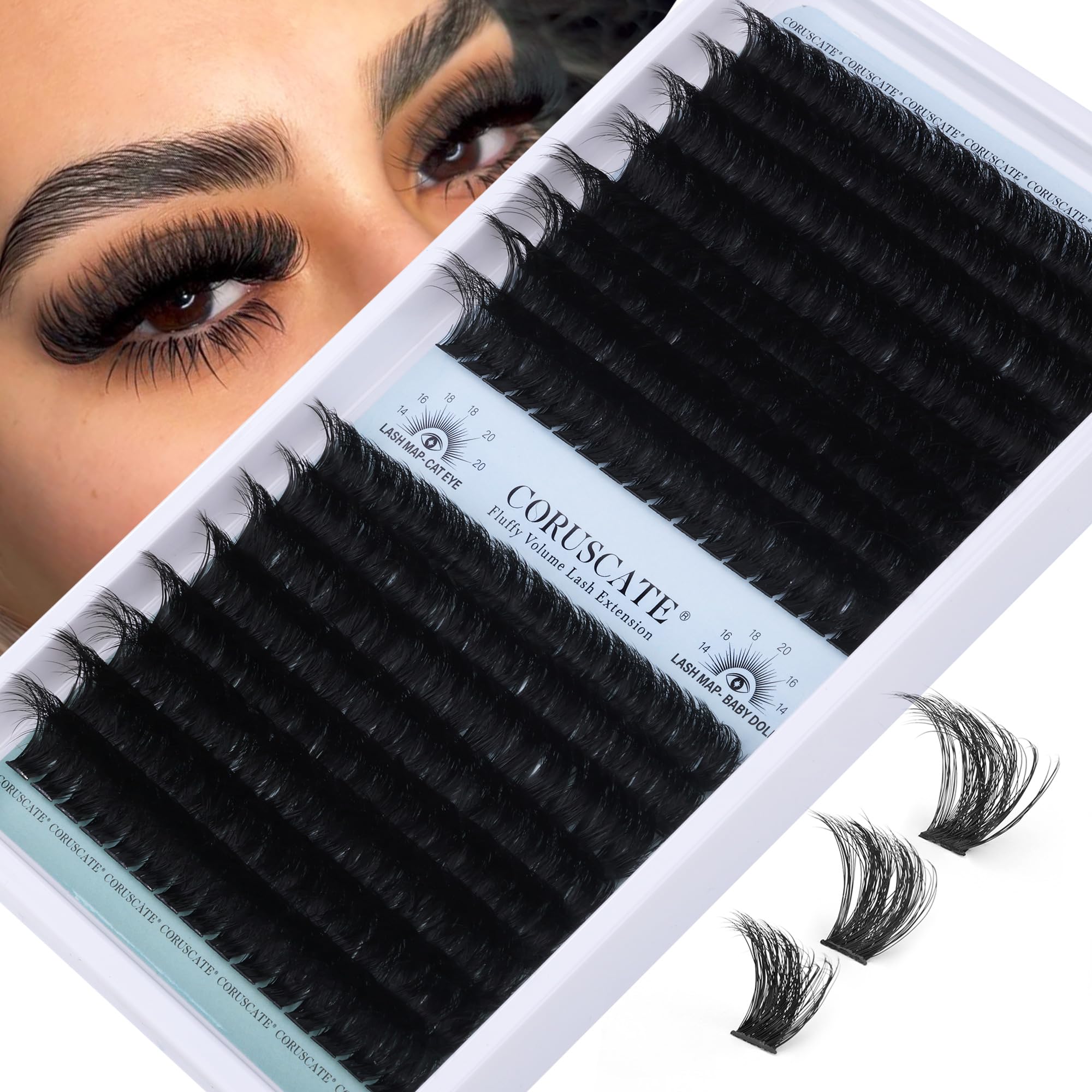 CORUSCATE lash clusters 120D150D tray offering bold, wispy volume for a dramatic daily look.