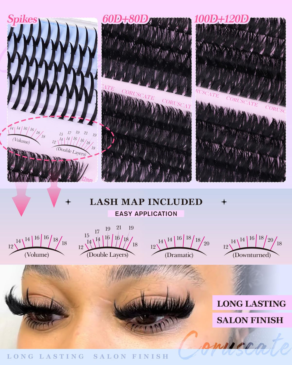 CORUSCATE Lash Clusters Kit spikes 15-17-19mm for manga-wispy accents
