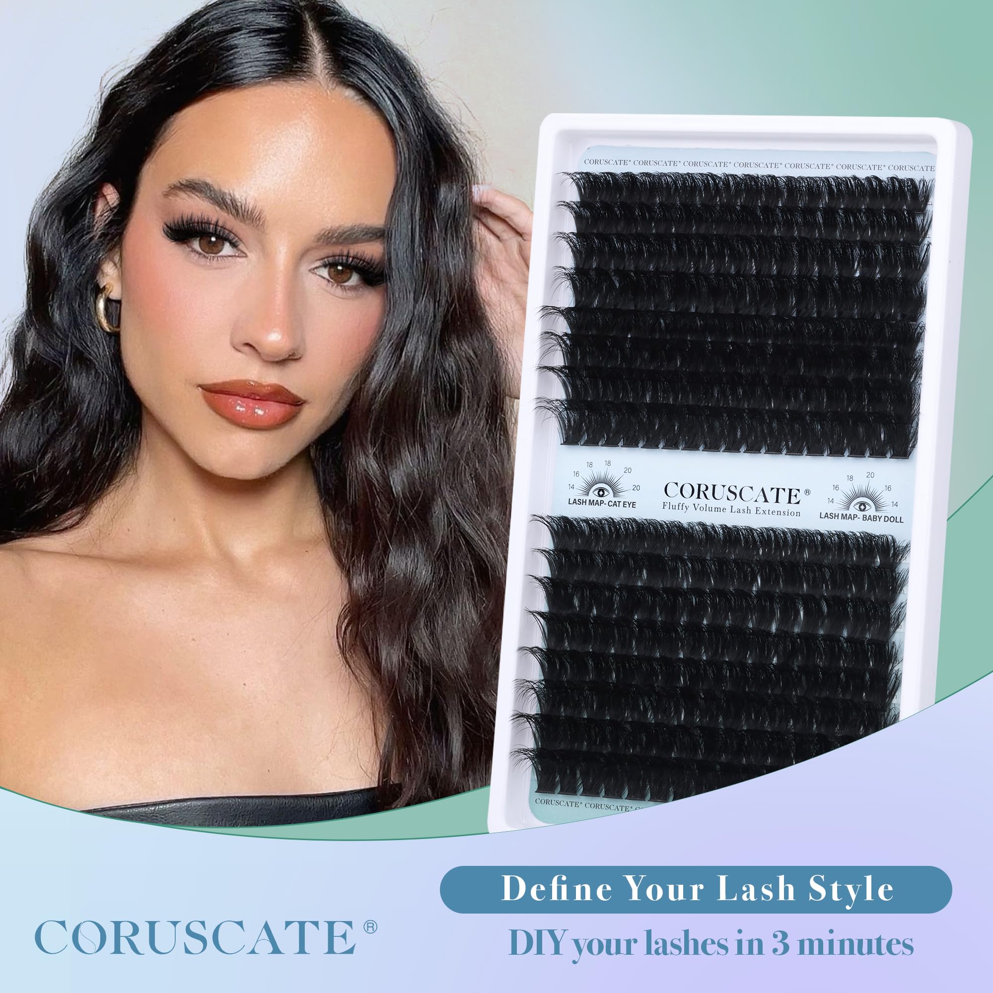 CORUSCATE lash clusters long-14-18mm for dramatic length.
