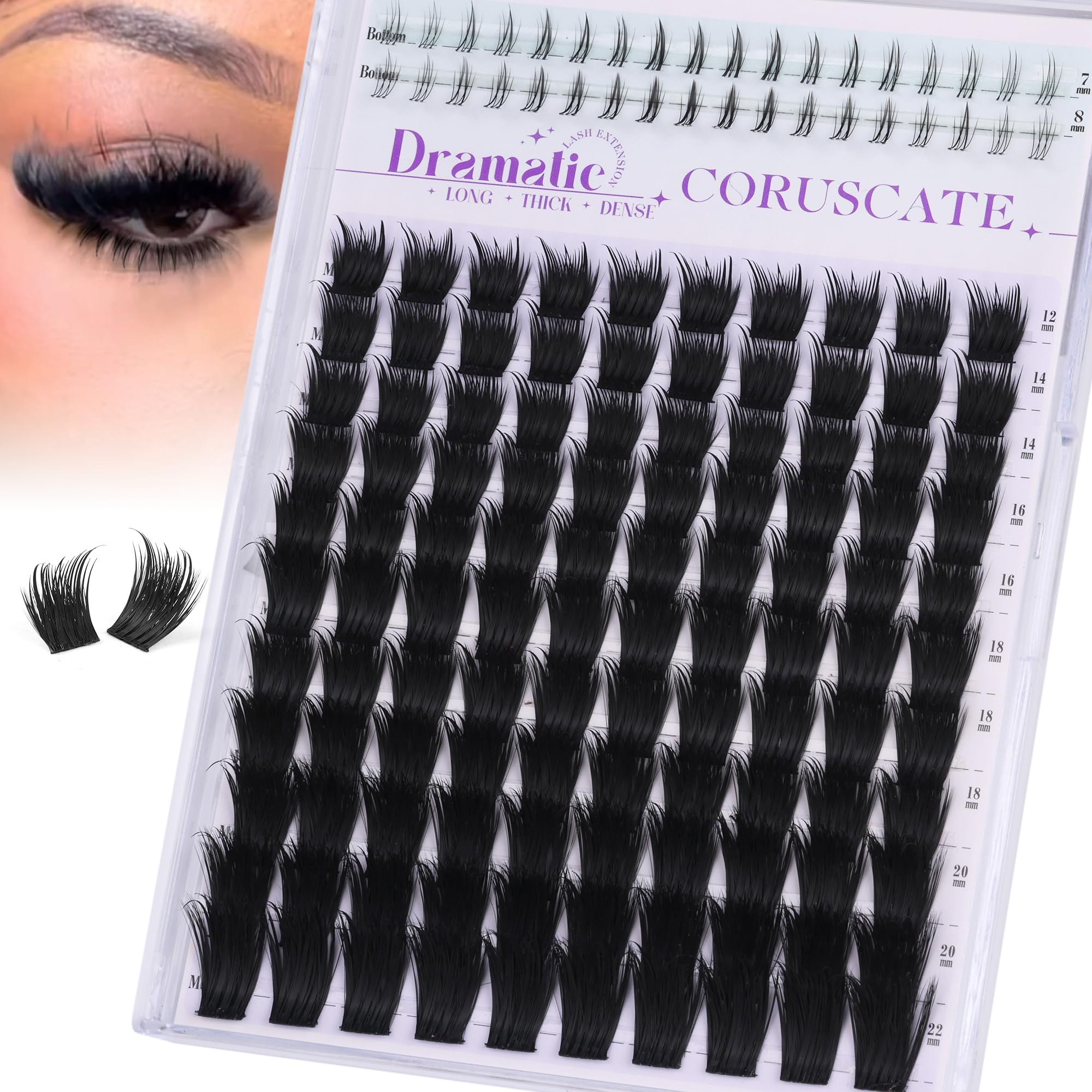 CORUSCATE lash clusters with spikes and bottom lashes for a bold, salon-inspired finish.