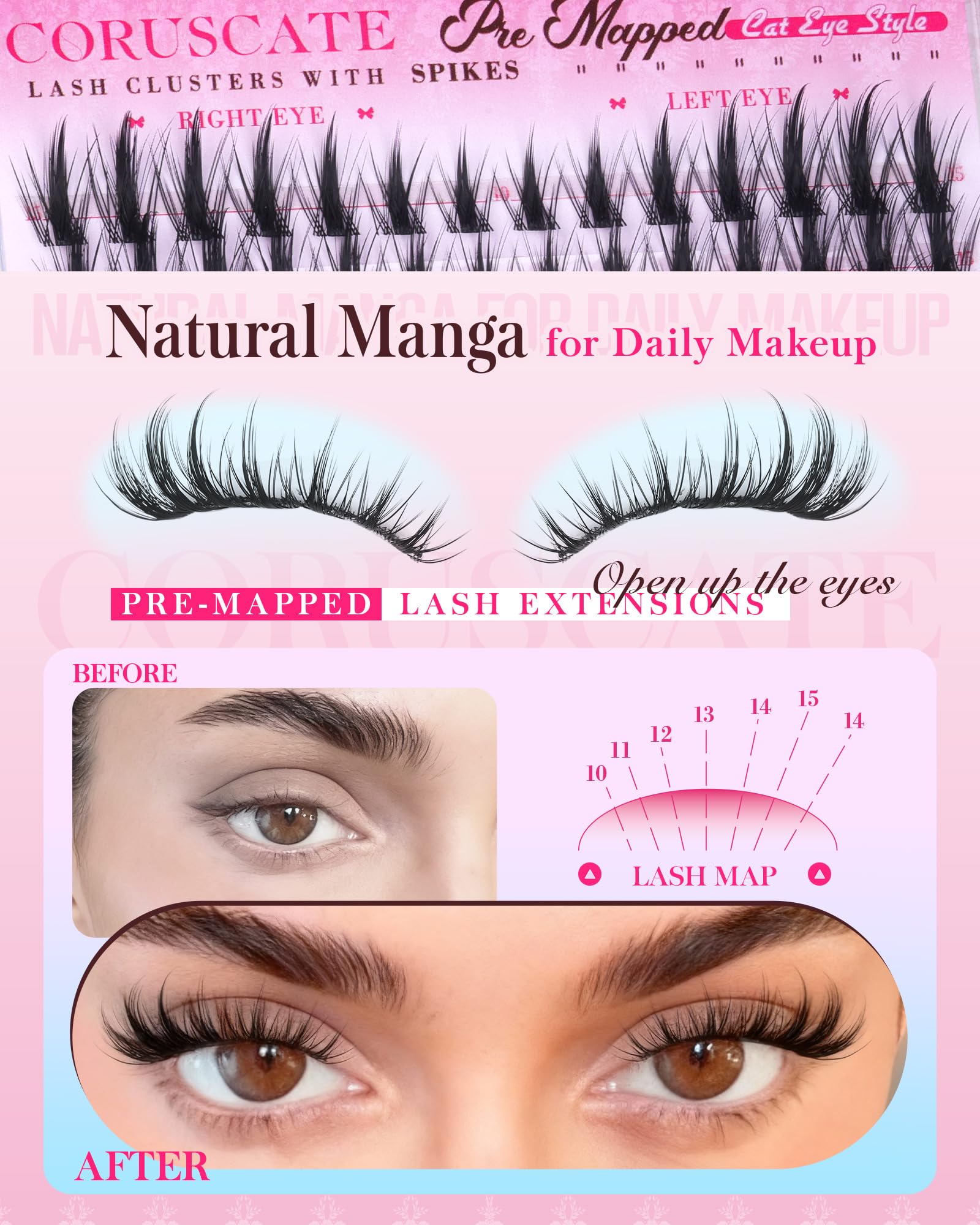 CORUSCATE Manga Lash Clusters clear-band closeup shows invisible band blending naturally.