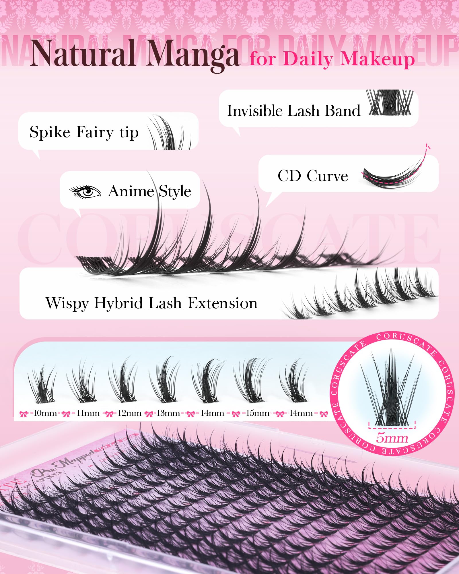 CORUSCATE Manga Lash Clusters outer-15mm edge boosts drama and definition.