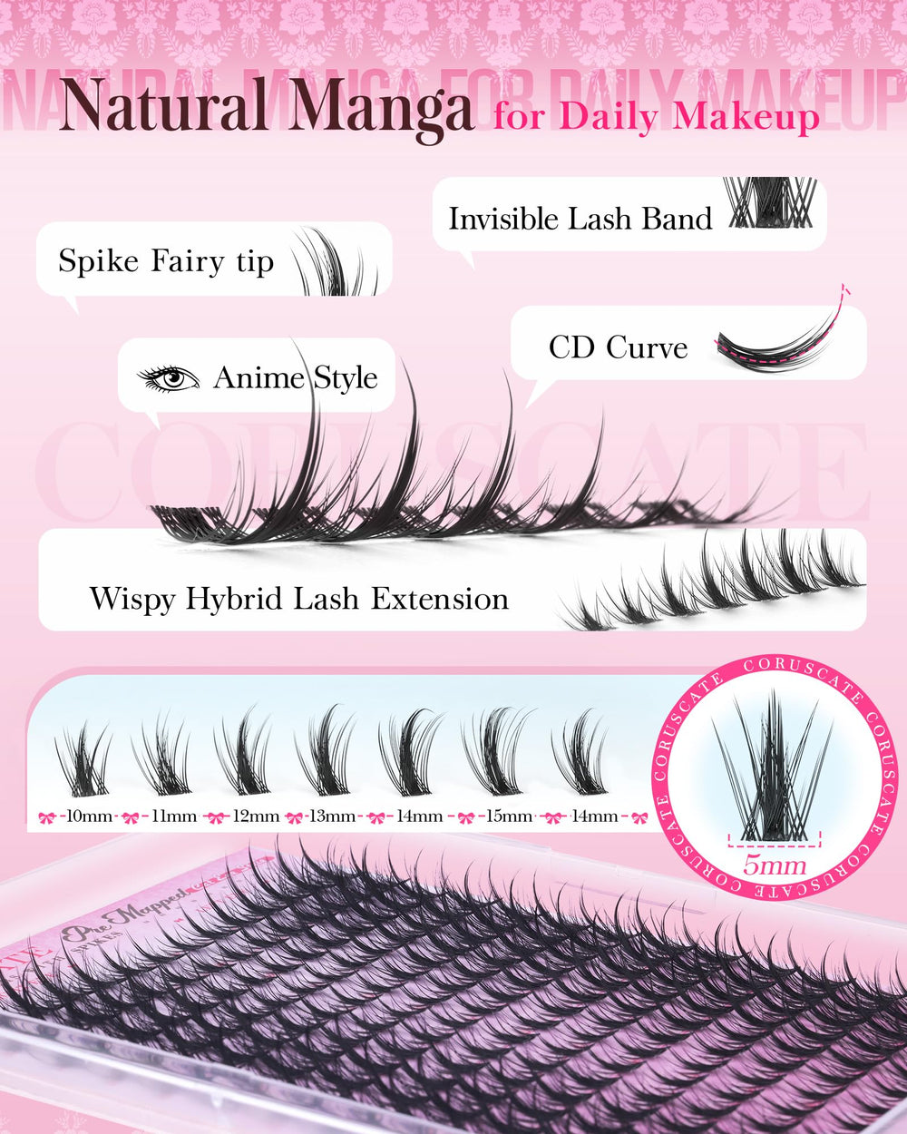 CORUSCATE Manga Lash Clusters outer-15mm edge boosts drama and definition.