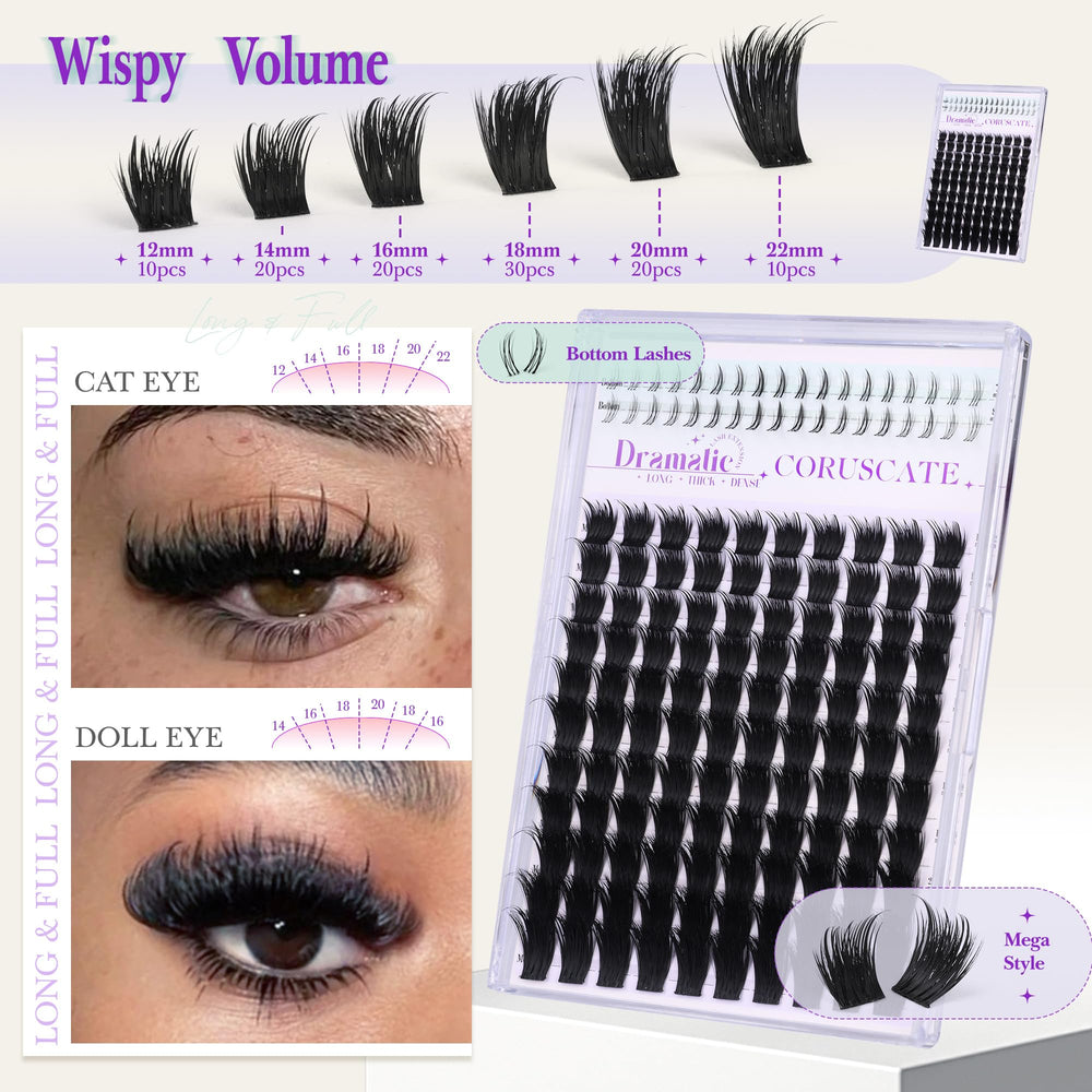 CORUSCATE mega volume lash clusters deliver dramatic fullness up to 22mm.