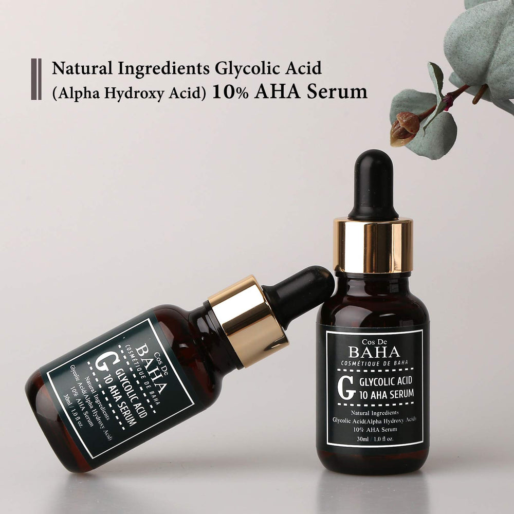 Cos De BAHA bottle beside green tea leaves signaling soothing extracts.