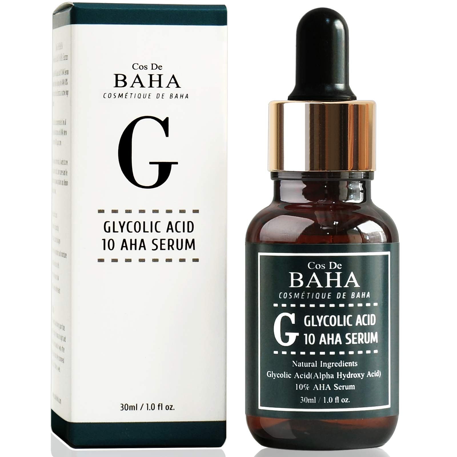 Cos De BAHA Glycolic Acid 10% Serum bottle showing gentle exfoliation.