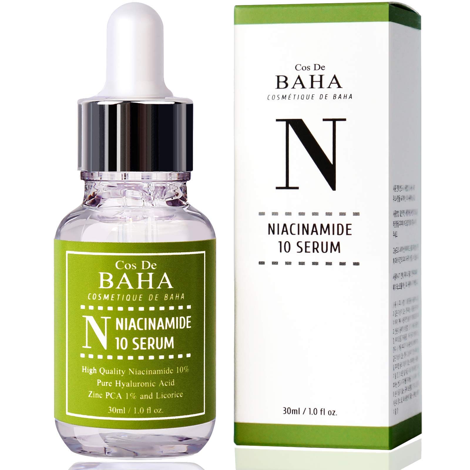 Cos De BAHA Niacinamide Serum bottle closeup showing balanced oil and refined pores