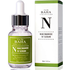 Cos De BAHA Niacinamide Serum bottle closeup showing balanced oil and refined pores