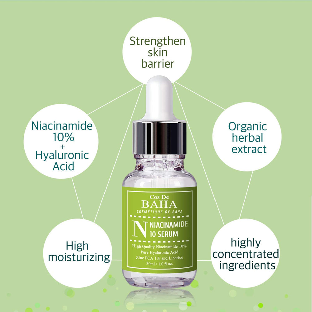 Cos De BAHA Niacinamide Serum dropper applying lightweight serum