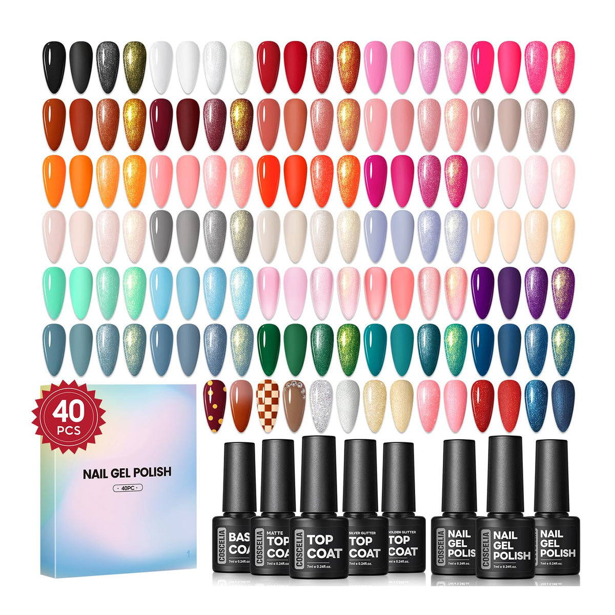 COSCELIA 40-piece gel nail polish set with colors for salon-worthy at-home manicures.